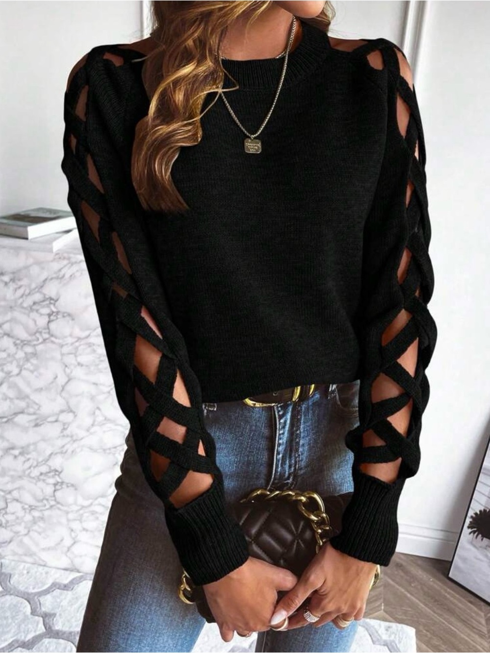 Black Open-Sleeve Knit Sweater - Women